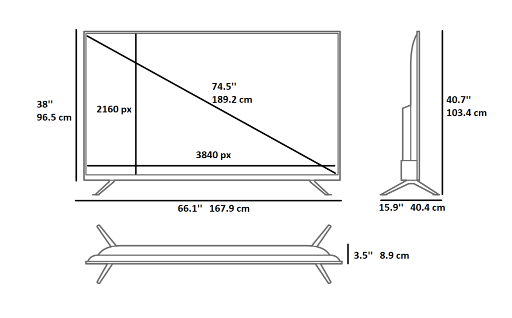 75 inch tv dimensions. height 38"( 96.5cm) and width is 66.1"(167.9cm)